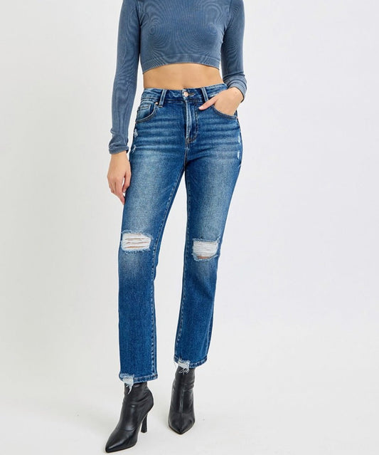 RISEN High Rise Distressed Crop Straight Jeans