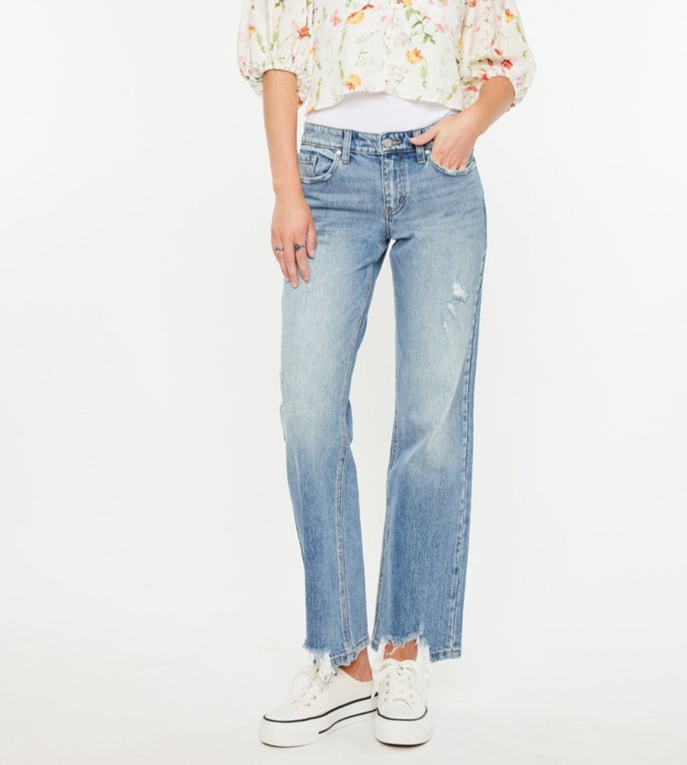 Kancan Mid Rise Frayed Hem Straight Jeans