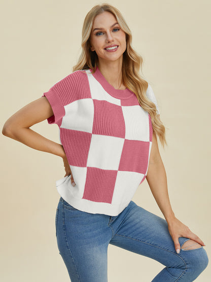 Double Take Checkered Round Neck Short Sleeve Sweater