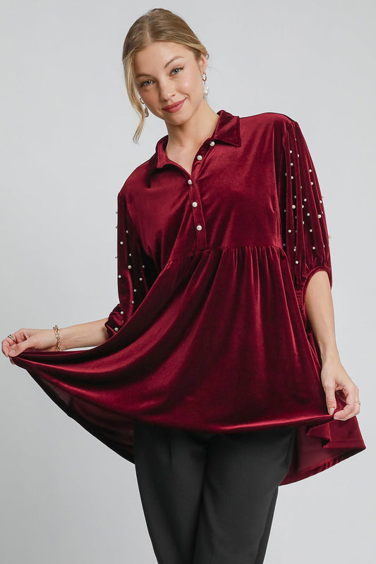 Umgee Pearl Detail Collared Neck Velvet Babydoll Blouse