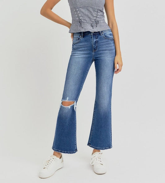 RISEN Distressed High Rise Crop Flare Jeans