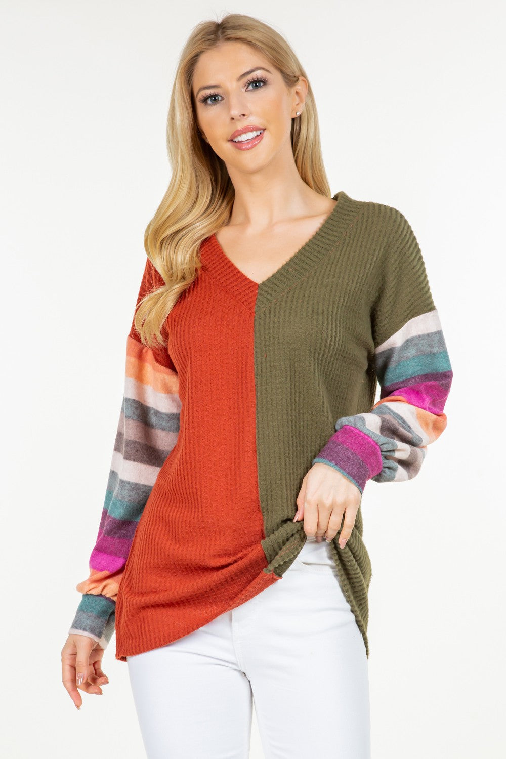 Celeste Contrast Striped V-Neck Long Sleeve Blouse