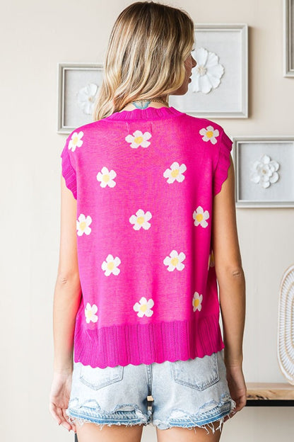 First Love Flower Pattern Round Neck Sweater Vest