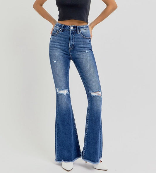 RISEN High Rise Distressed Raw Hem Flare Jeans