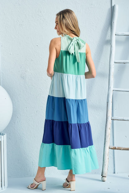 Hailey & Co Color Block Sleeveless Tiered Maxi Dress
