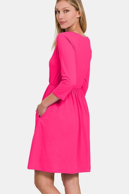 Zenana Three-Quarter Sleeve Surplice Dress with Pockets