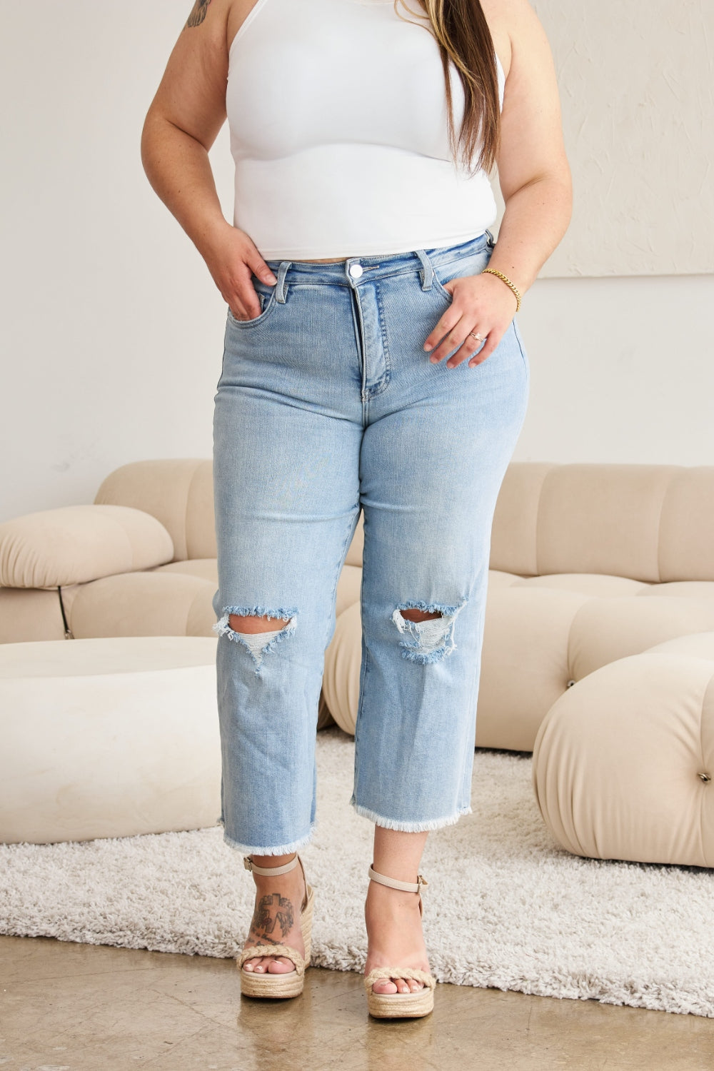 RFM Tummy Control High Waist Raw Hem Distressed Jeans
