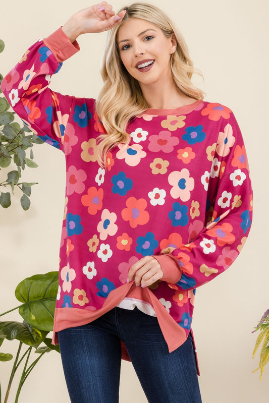 Celeste Side Slit Flower Print Long Sleeve Top