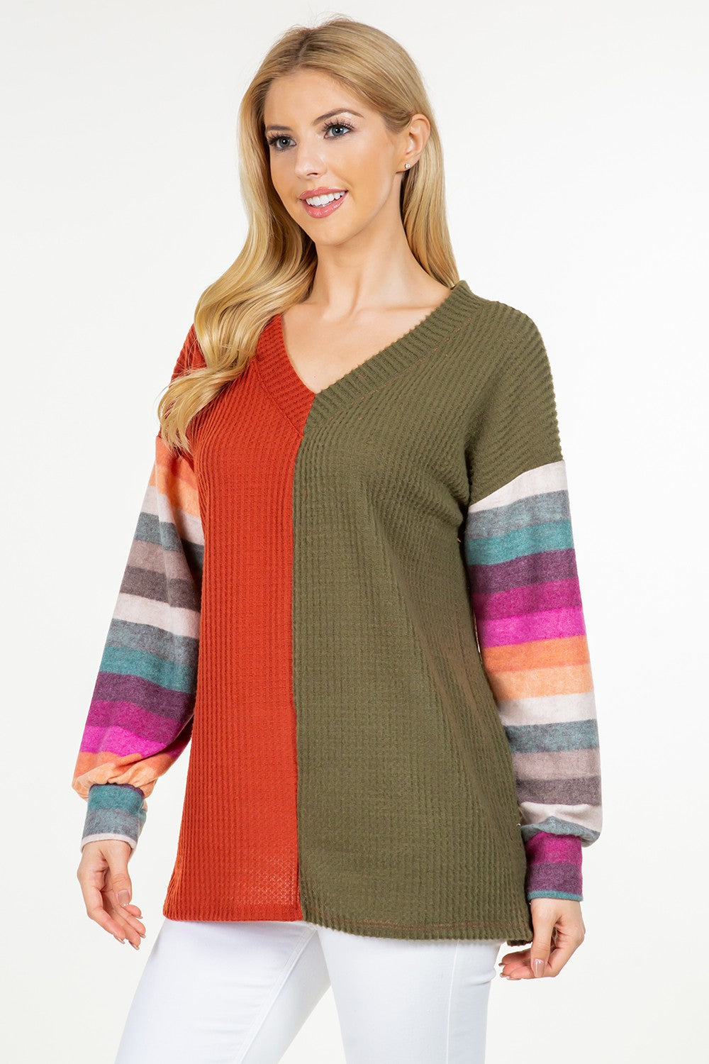 Celeste Contrast Striped V-Neck Long Sleeve Blouse