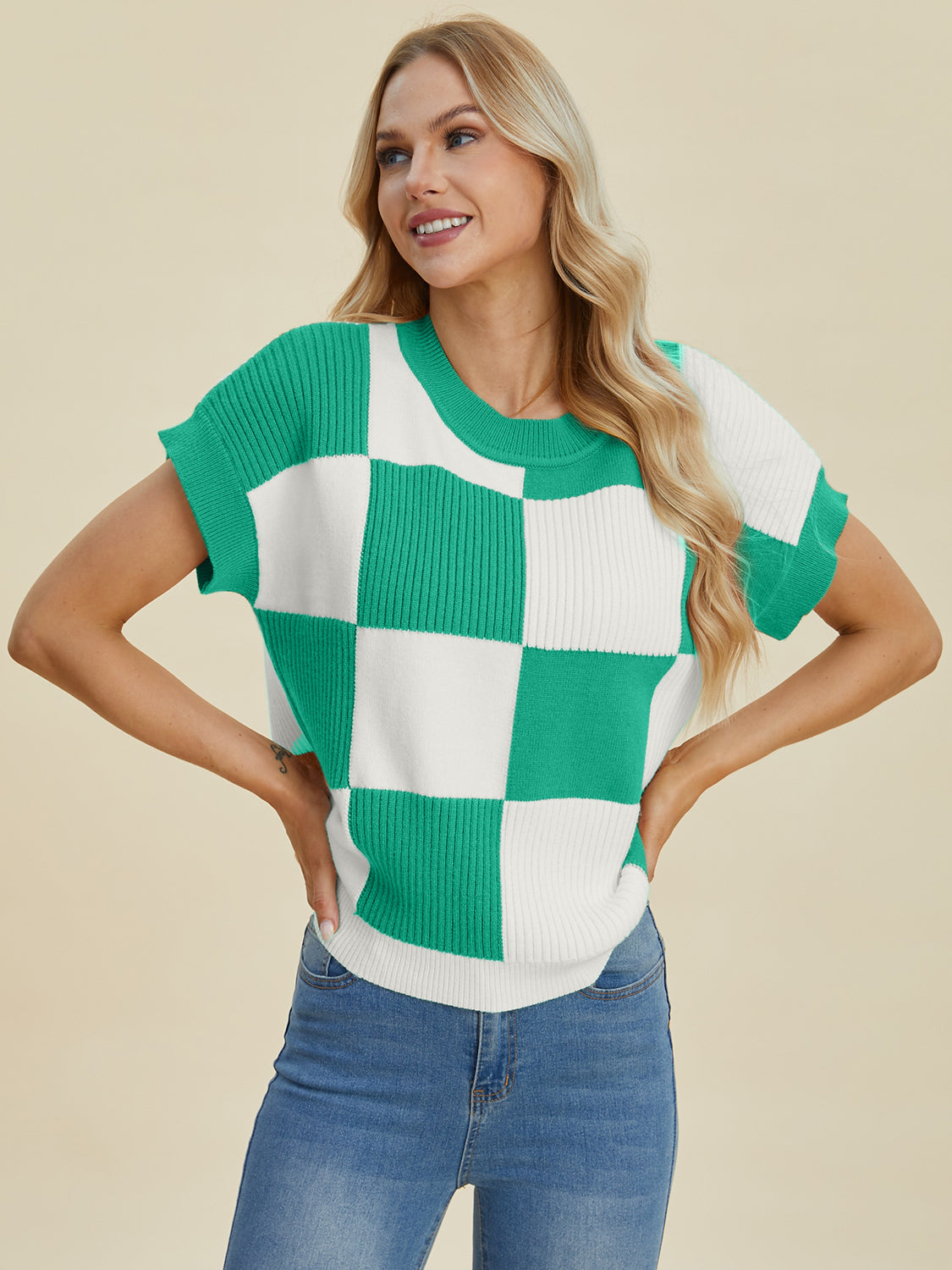 Double Take Checkered Round Neck Short Sleeve Sweater