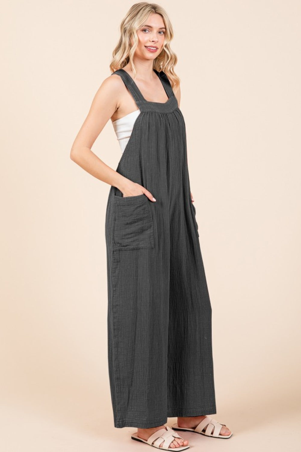 Culture Code Pocketed Sleeveless Wide Leg Overalls