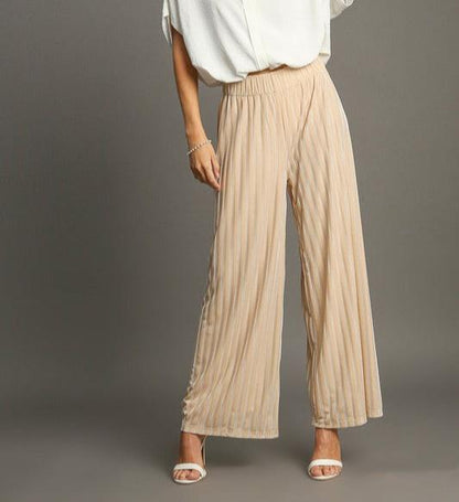 Umgee Elastic Waist Striped Wide Leg Velvet Pants