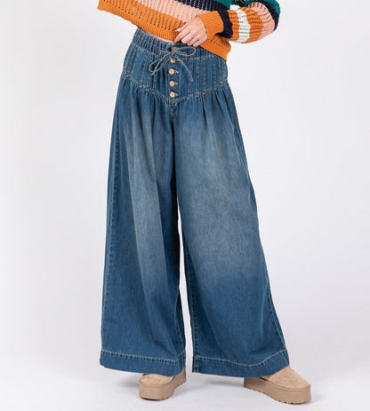 SAGE+FIG Smocked Waist Band Wide Leg Jeans