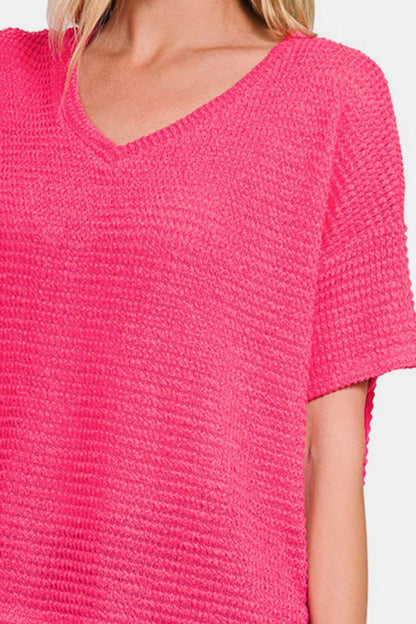 Zenana Drop Shoulder Short Sleeve Jacquard Knit Top