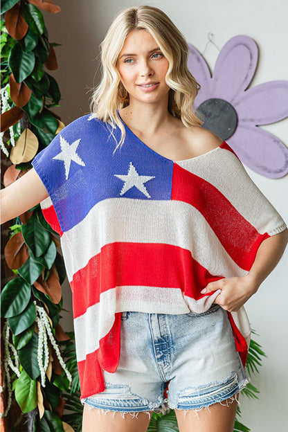 First Love USA Flag Drop Shoulder Knit Top