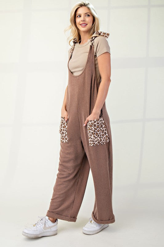 Celeste Ribbed Leopard Tied Shoulder Overalls