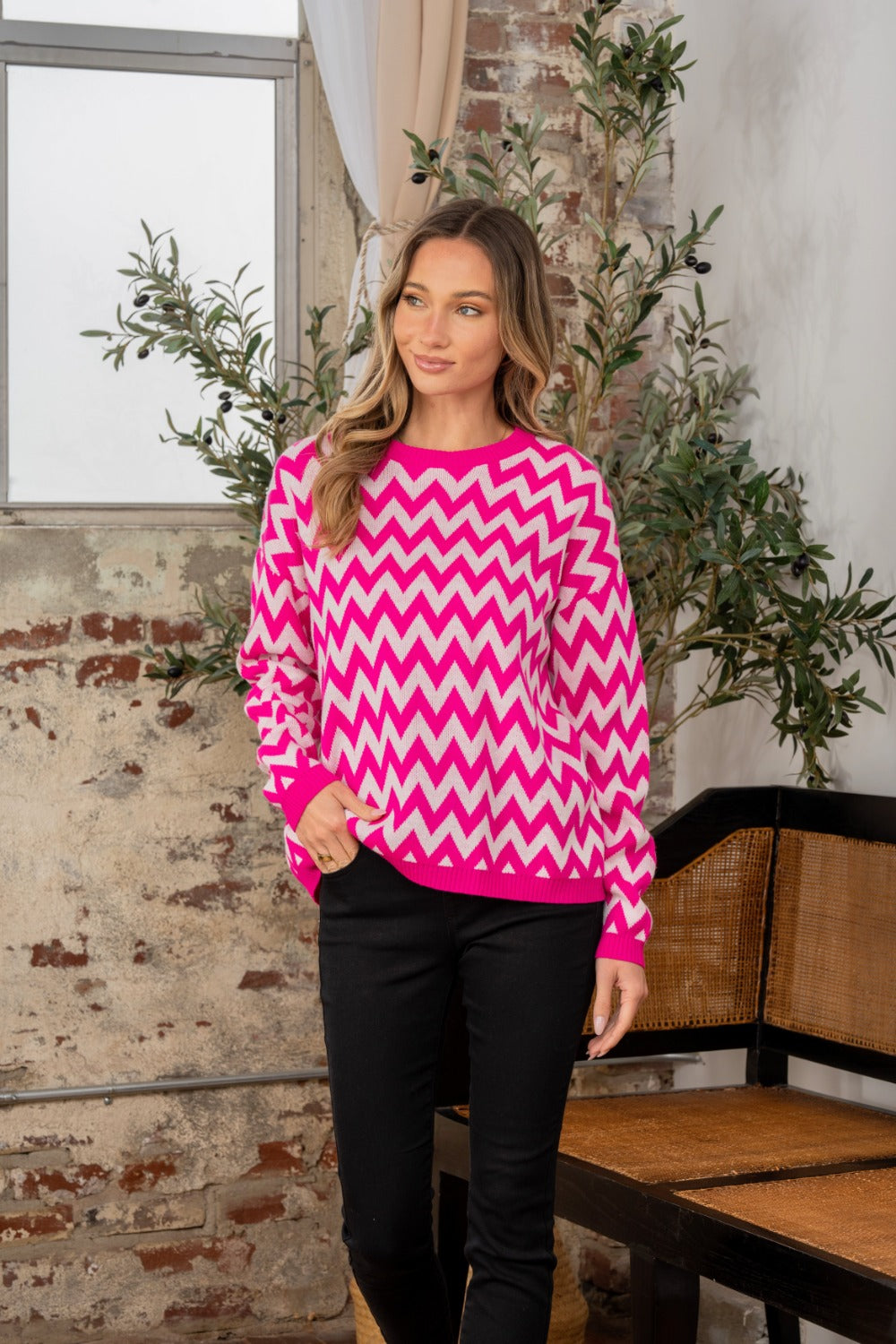 Sew In Love Wave Stripe Contrast Long Sleeve Sweater