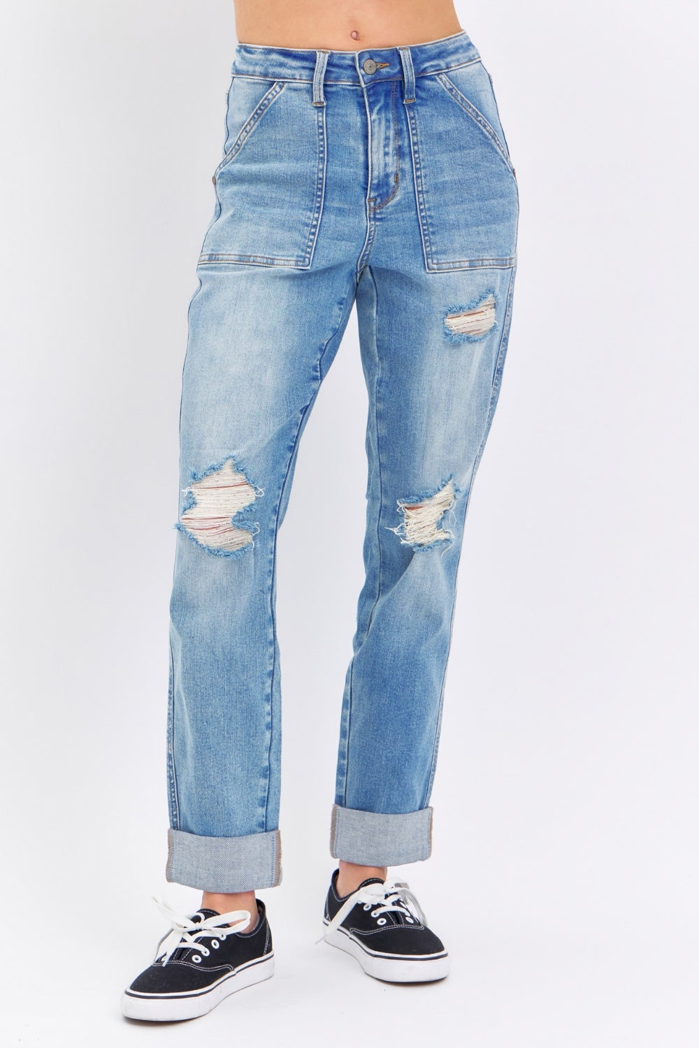 Judy Blue Distressed Straight Jeans with Patch Pockets