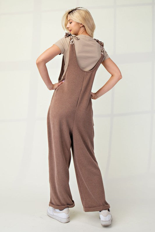 Celeste Ribbed Leopard Tied Shoulder Overalls