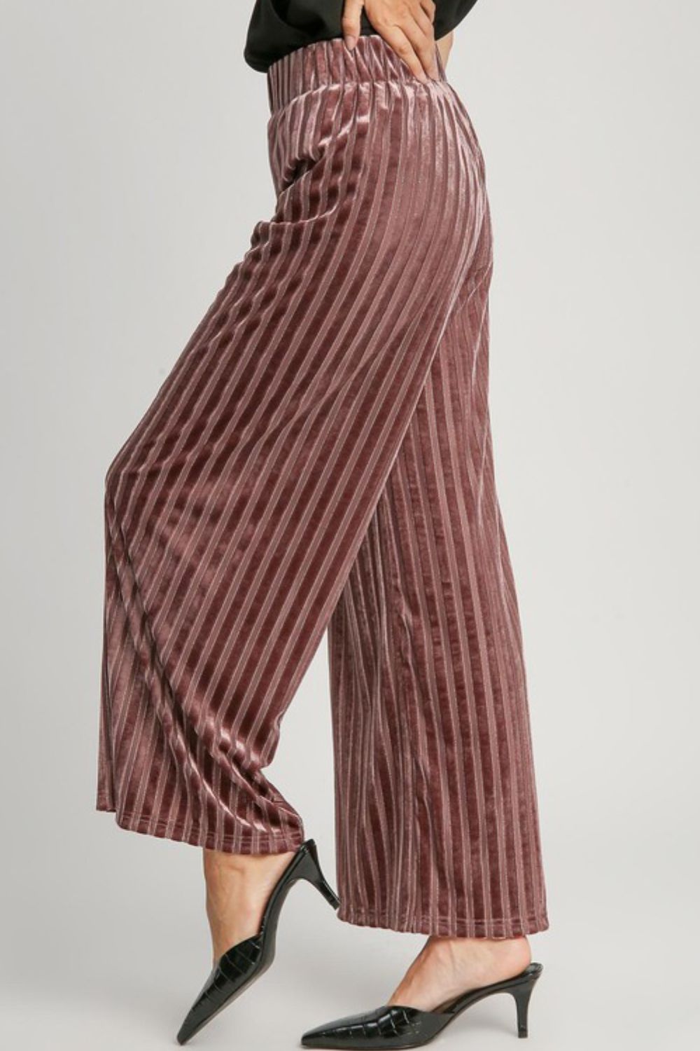 Umgee Elastic Waist Striped Wide Leg Velvet Pants