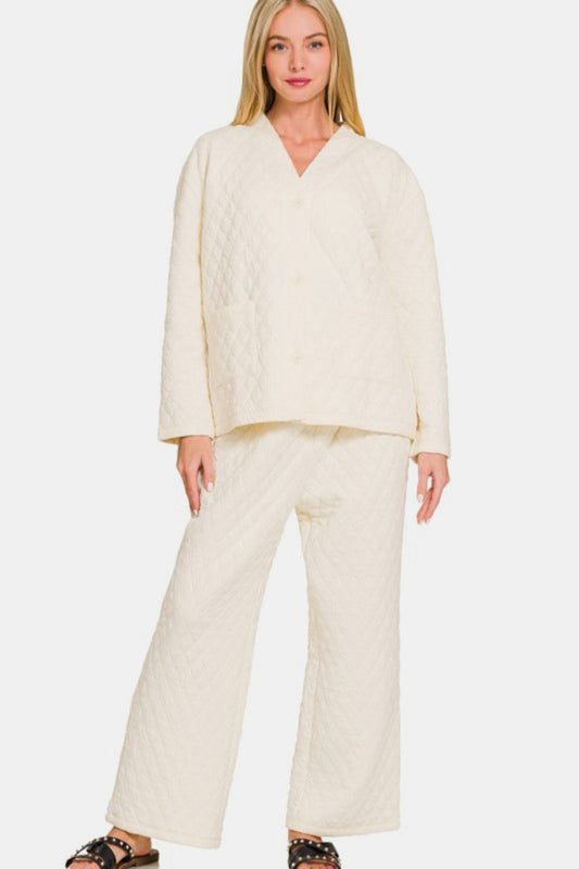 Zenana Quilted Button Up Long Sleeve Top and Pants Lounge Set