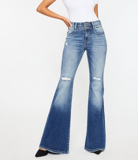 Kancan High Rise Wide Waistband Flare Jeans