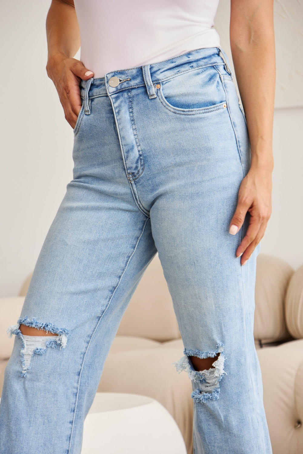 RFM Tummy Control High Waist Raw Hem Distressed Jeans