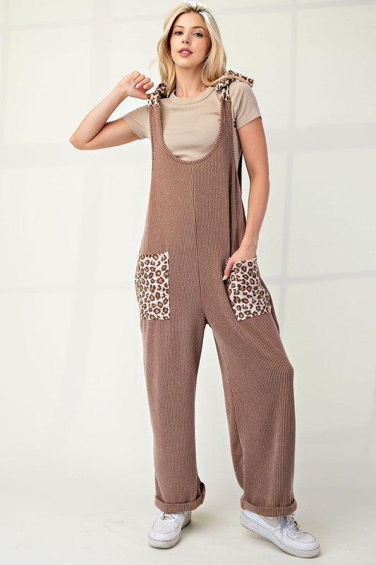 Celeste Ribbed Leopard Tied Shoulder Overalls