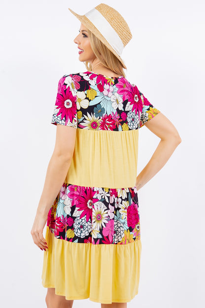 Celeste Color Block Floral Round Neck Short Sleeve Dress