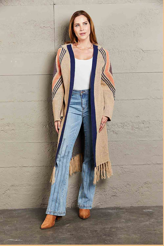 Double Take Fringe Hem Open Front Duster Cardigan