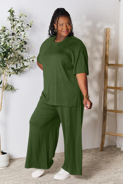 Round Neck Slit Top and Pants Set