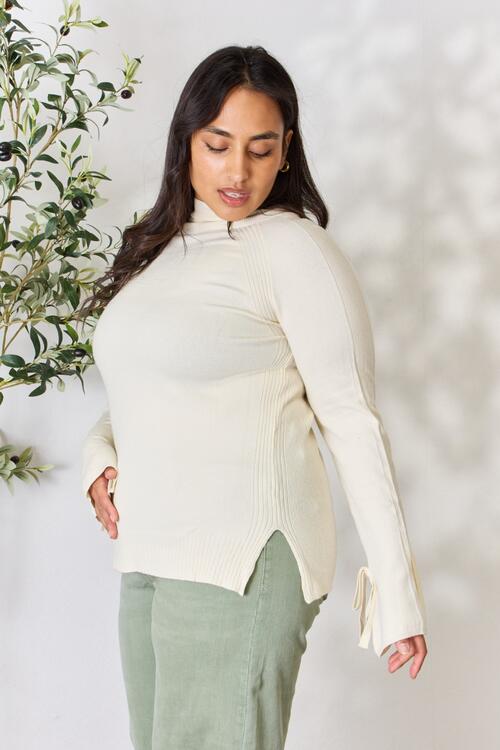 Heimish Ribbed Bow Detail Long Sleeve Turtleneck Knit Top