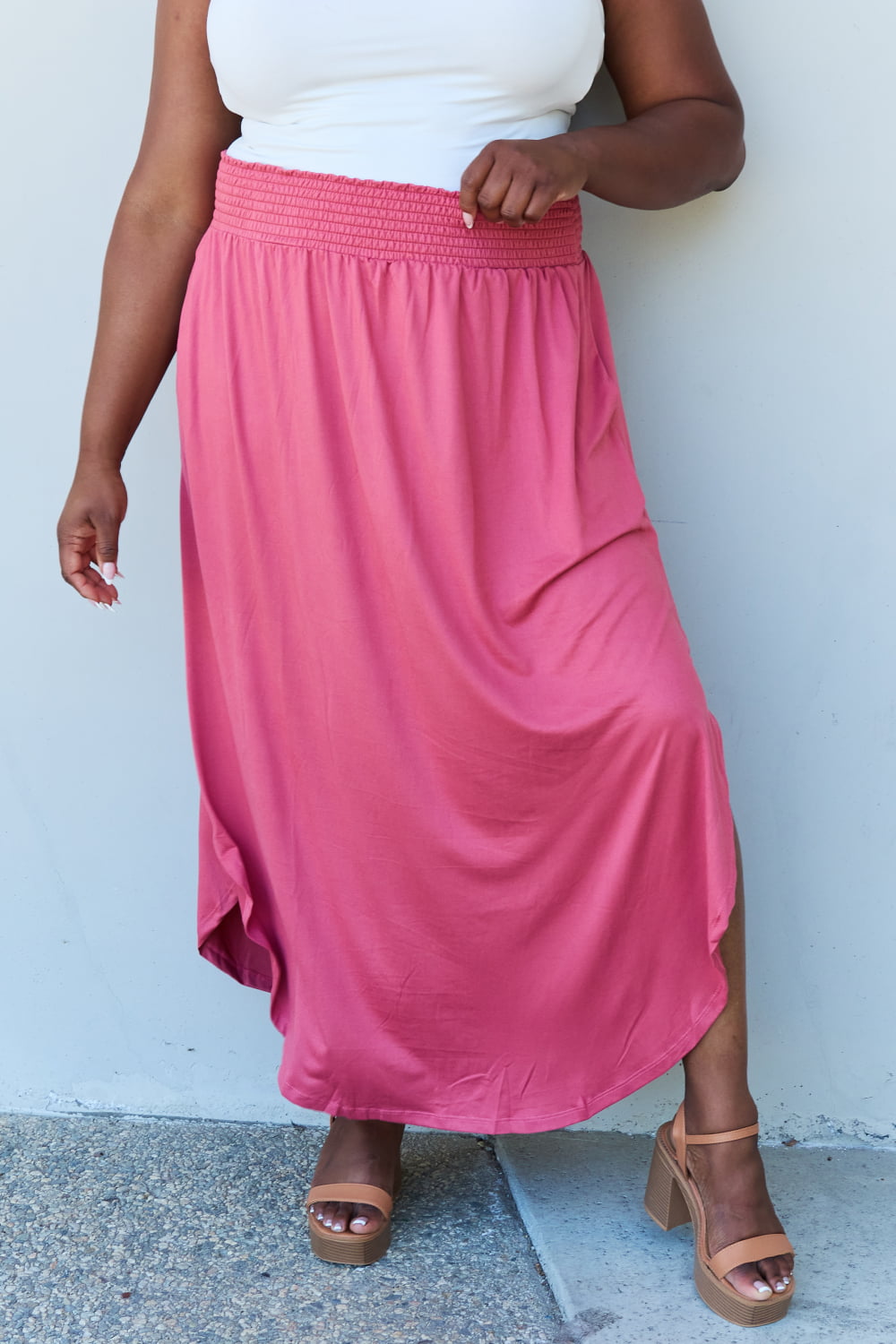 Doublju Comfort Princess High Waist Scoop Hem Maxi Skirt in Hot Pink