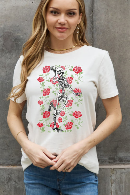 Simply Love Skeleton & Rose Graphic Cotton Tee