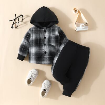 Plaid Button Up Hooded Shacket and Pants Set