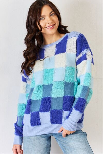 J.NNA Checkered Round Neck Long Sleeve Sweater