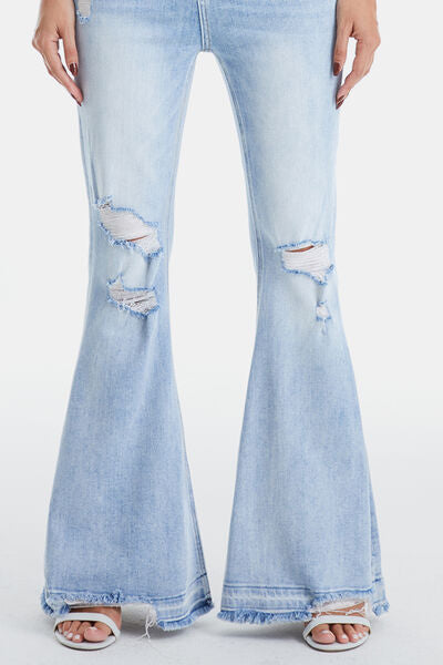 BAYEAS Distressed Raw Hem High Waist Flare Jeans