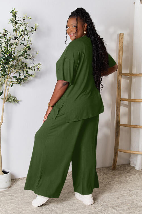 Round Neck Slit Top and Pants Set