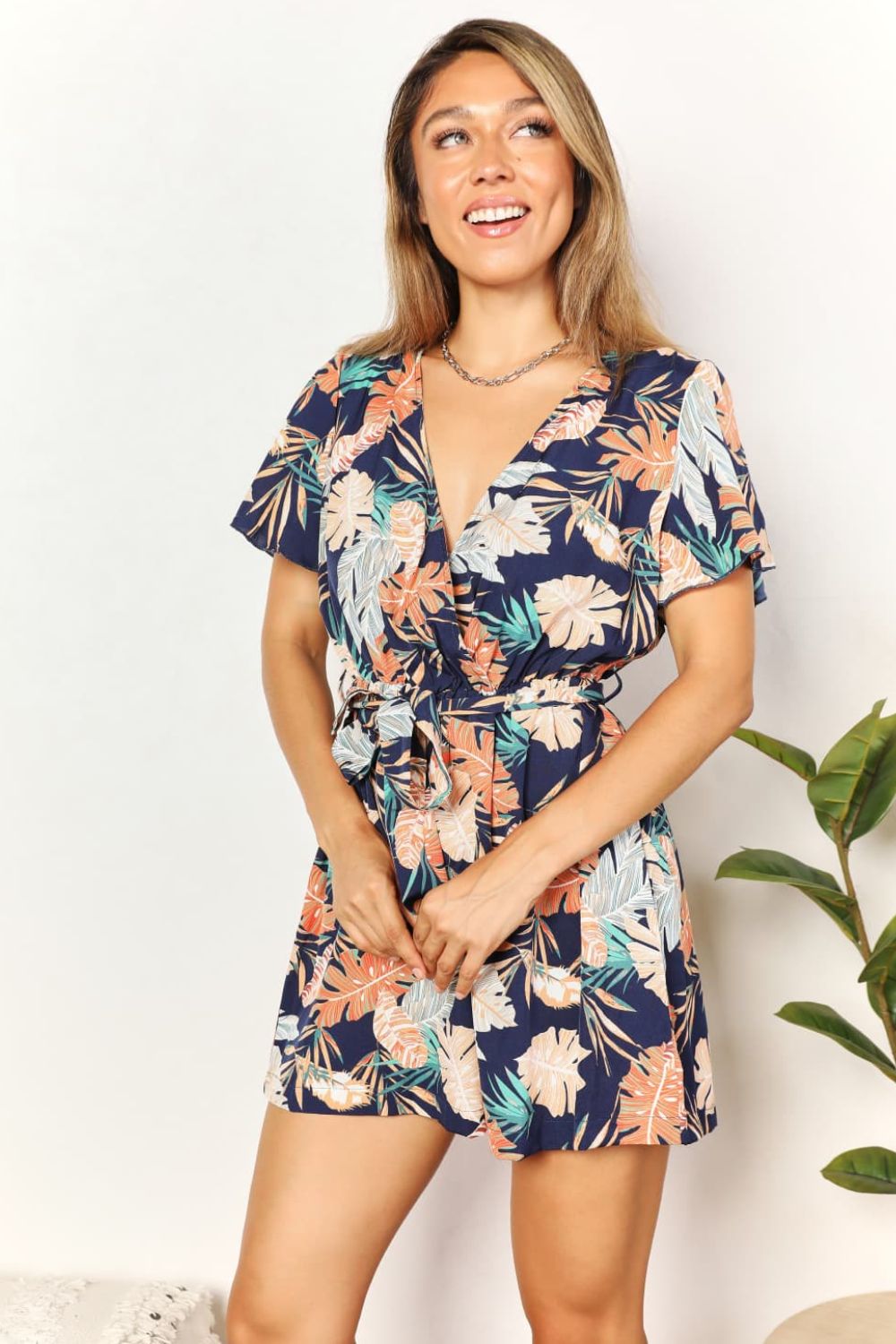 Botanical Print Surplice Neck Tie Waist Romper