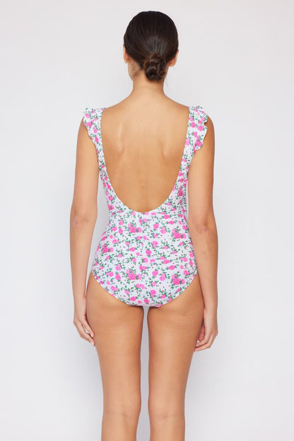 Marina West Swim Float On Ruffle Faux Wrap One-Piece in Roses Off-White
