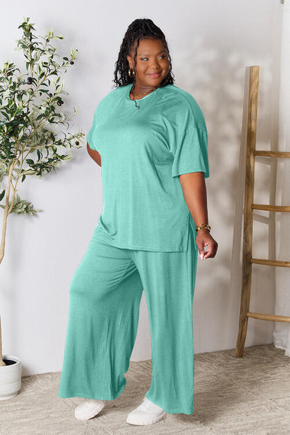 Round Neck Slit Top and Pants Set