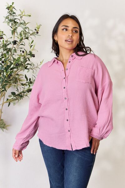Zenana Texture Button Up Raw Hem Long Sleeve Shirt