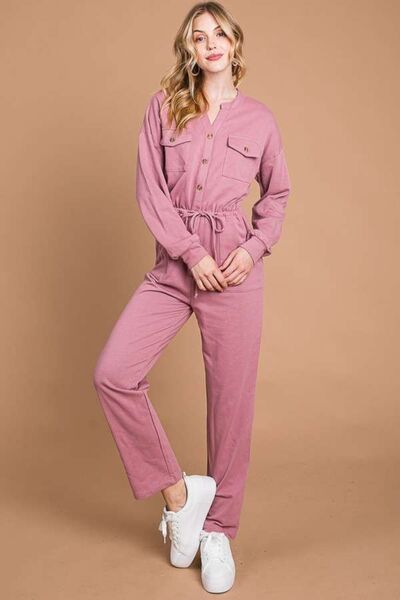 Culture Code Button Up Drawstring Waist Straight Jumpsuit