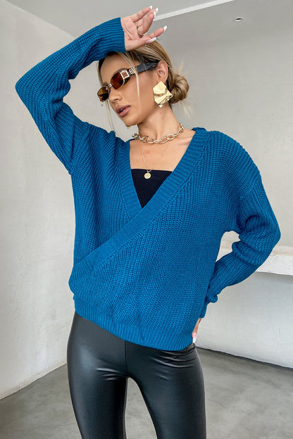 Double Take Surplice Neck Dropped Shoulder Sweater