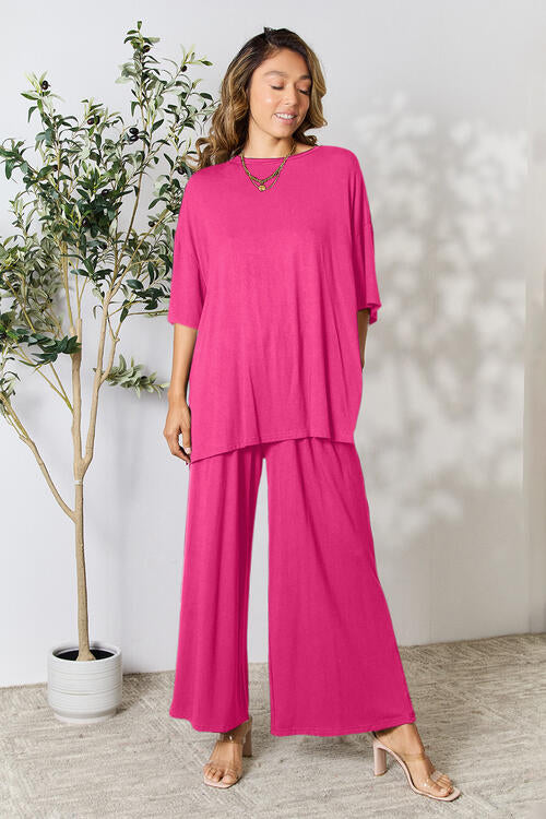 Round Neck Slit Top and Pants Set