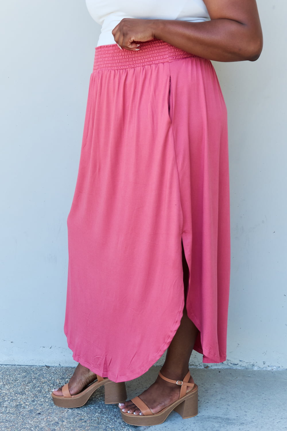 Doublju Comfort Princess High Waist Scoop Hem Maxi Skirt in Hot Pink