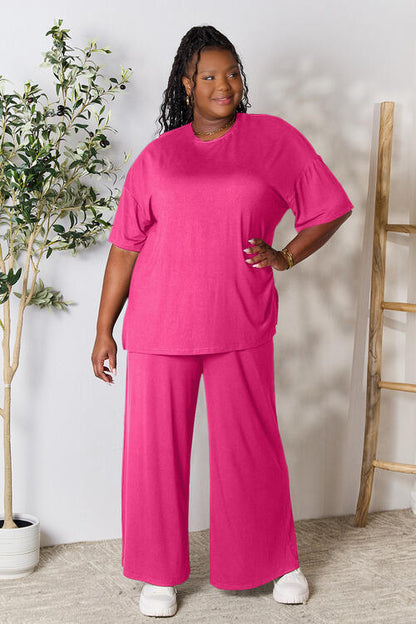 Round Neck Slit Top and Pants Set