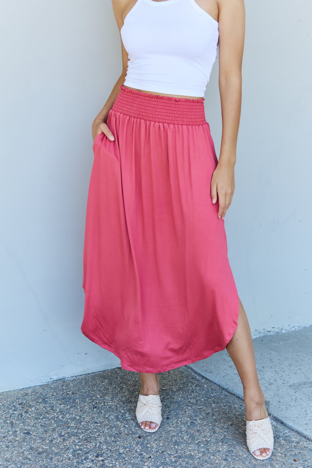 Doublju Comfort Princess High Waist Scoop Hem Maxi Skirt in Hot Pink