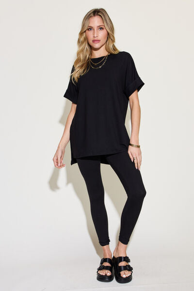 Zenana Short Sleeve Slit T-Shirt and Leggings Lounge Set
