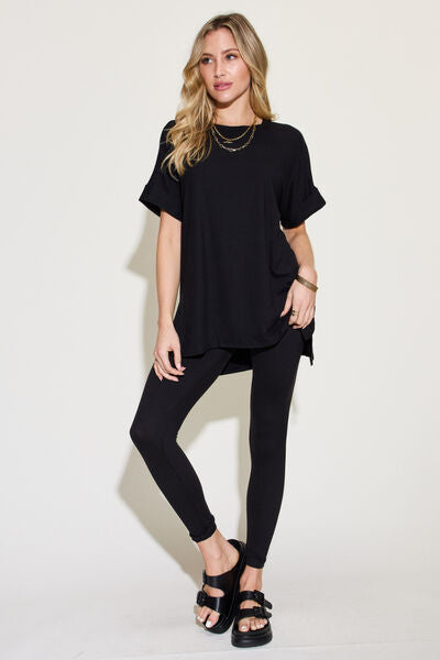 Zenana Short Sleeve Slit T-Shirt and Leggings Lounge Set